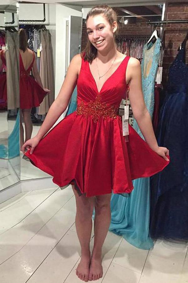 Red Satin V Neck Beaded A-line Sheer Homecoming Dresses, Short Prom Dress MH294 Musebridals Red Satin V Neck Beaded A-line Sheer Homecoming Dresses, Short Prom Dress MH294 Musebridals