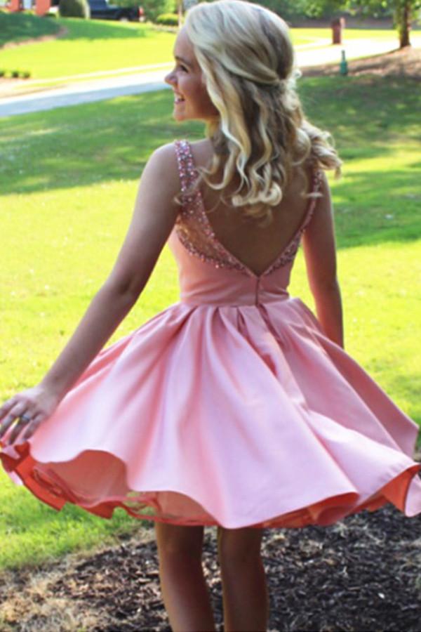 Pink Stain Sheer Beaded Open Back Cheap Homecoming Dress Party Dresses MH281 Musebridals