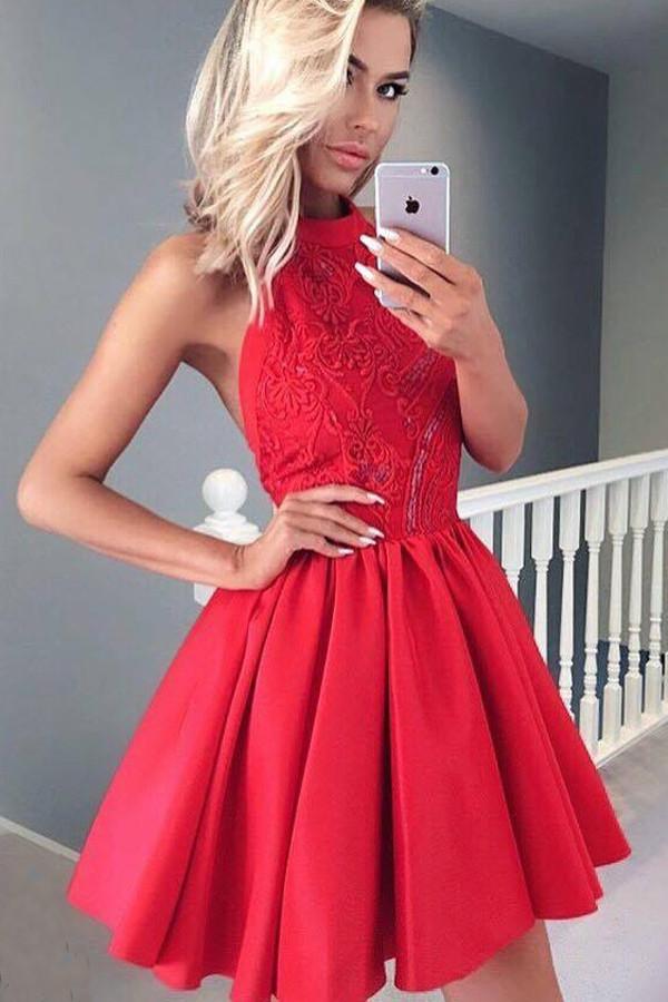 Red Halter Open Back Appliques Short Prom Dress, Homecoming Dresses MH297 Red Halter Open Back Appliques Short Prom Dress, Homecoming Dresses MH297