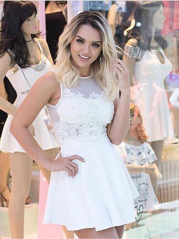 sheer party dresses White A-line Sheer Back Homecoming Dress, Party Dresses with Appliques, MH425