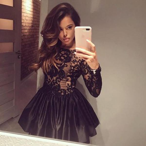 Black Long Sleeve Ball Gown V Back Appliques Homecoming Dress, Short Prom Dress, MH117 Black Long Sleeve Ball Gown V Back Appliques Homecoming Dress, Short Prom Dress, MH117