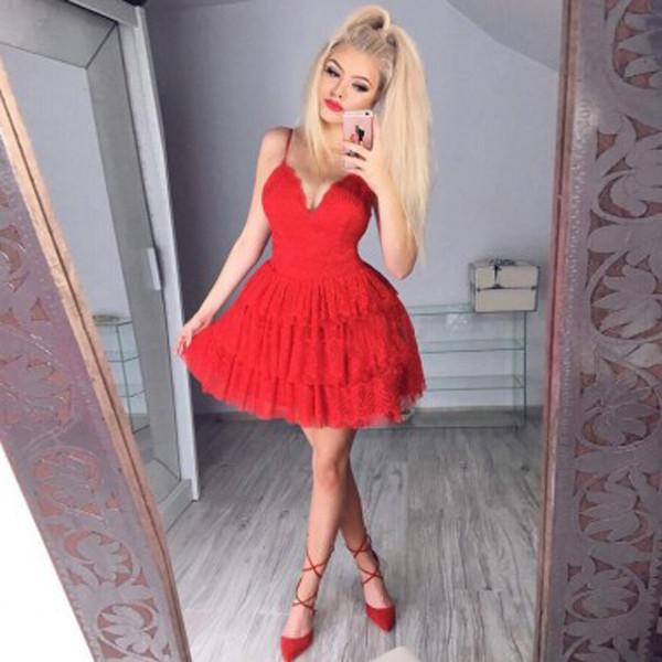Red V Neck Spaghetti Straps Ruffles Cheap Homecoming Dress, Graduation Dress, MH295 Red V Neck Spaghetti Straps Ruffles Cheap Homecoming Dress, Graduation Dress, MH295