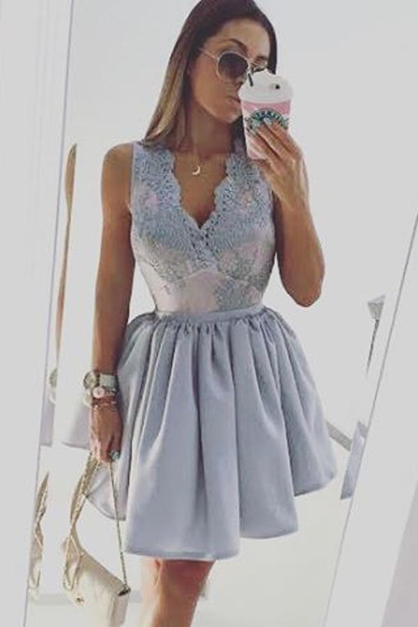 Light Lavender Deep V Neck Appliques Cheap Homecoming Dress, Party Dresses,  MH231  Musebridals