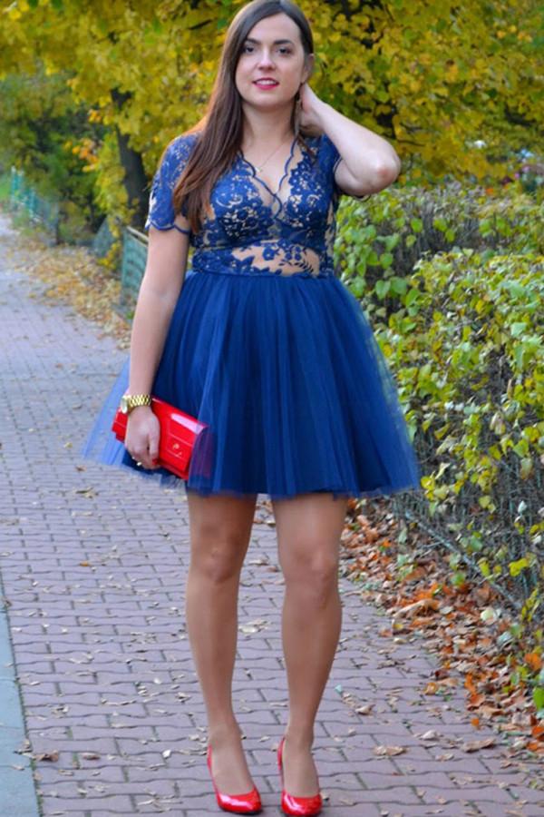 Dark Blue Deep V Neck Short Sleeve Sheer Homecoming Dress with Appliques, MH194 Musebridals Dark Blue Deep V Neck Short Sleeve Sheer Homecoming Dress with Appliques, MH194 Musebridals