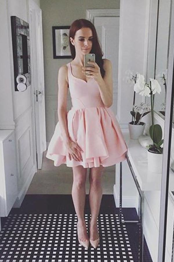 Simple Pink Sleeveless Ruffles A-line Sweetheart Homecoming Dresses MH414 Musebridals Simple Pink Sleeveless Ruffles A-line Sweetheart Homecoming Dresses MH414 Musebridals