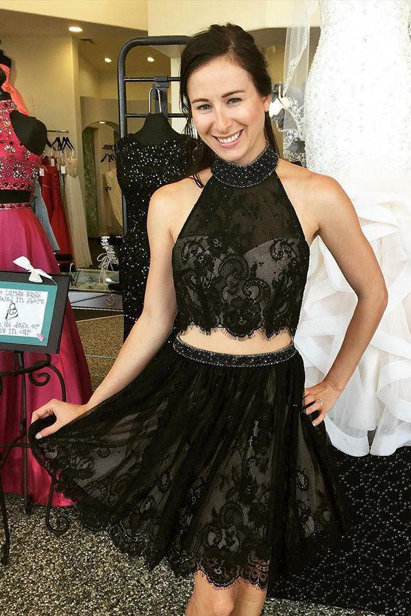 Two Piece Black Halter Lace Open Back Cheap Homecoming Dress With Appliques, MH134 Two Piece Black Halter Lace Open Back Cheap Homecoming Dress With Appliques, MH134