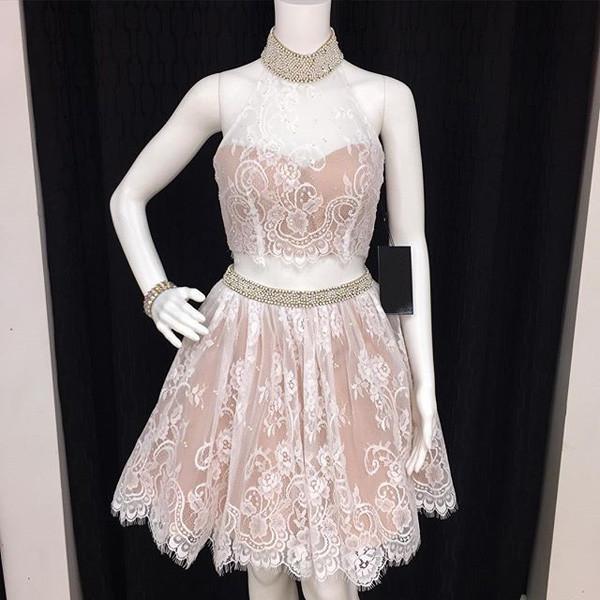 Two Piece Black Halter Lace Open Back Cheap Homecoming Dress With Appliques, MH134 Musebridals Two Piece Black Halter Lace Open Back Cheap Homecoming Dress With Appliques, MH134 Musebridals