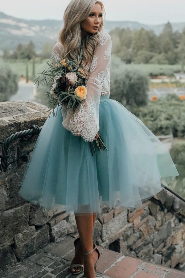 Two-Piece Tutu Skirt White Tulle Lace Long Sleeves Homecoming Dresses, MH392 Two-Piece Tutu Skirt White Tulle Lace Long Sleeves Homecoming Dresses, MH392