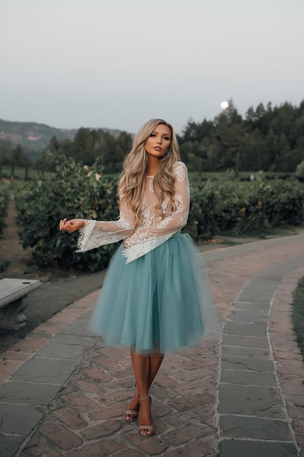 Two-Piece Tutu Skirt White Tulle Lace Long Sleeves Homecoming