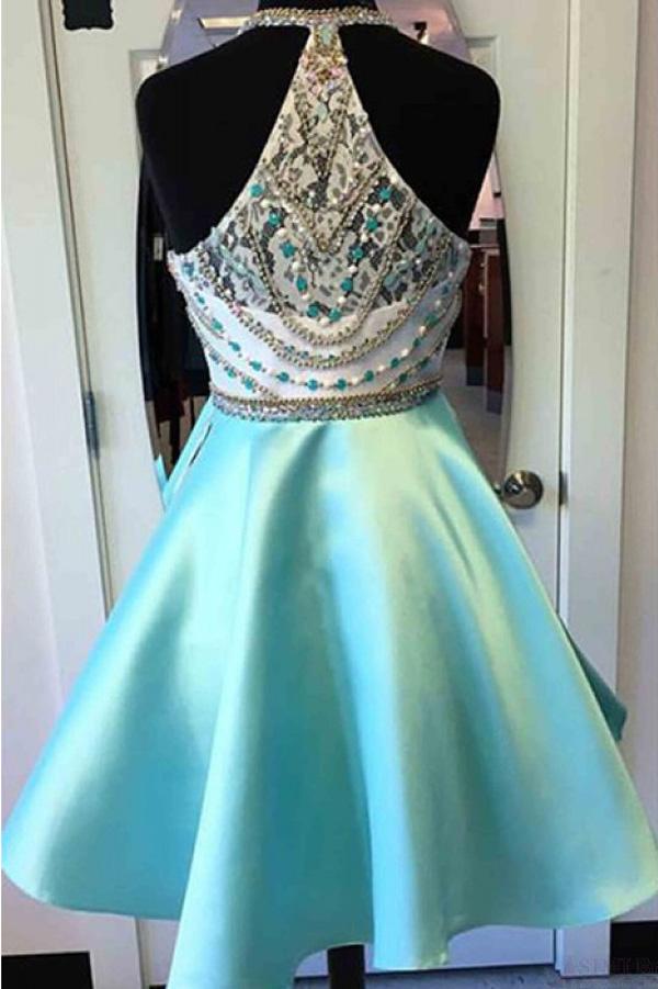 Light Green Beaded Halter Knee Length Homecoming Dress Graduation Dresses, MH222 Musebridals Light Green Beaded Halter Knee Length Homecoming Dress Graduation Dresses, MH222 Musebridals