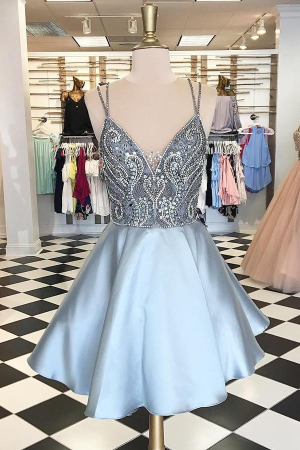 Silver V neck Beaded A-line Homecoming Dresses, Straps Short Prom Dress, MH338 Musebridals Silver V neck Beaded A-line Homecoming Dresses, Straps Short Prom Dress, MH338 Musebridals