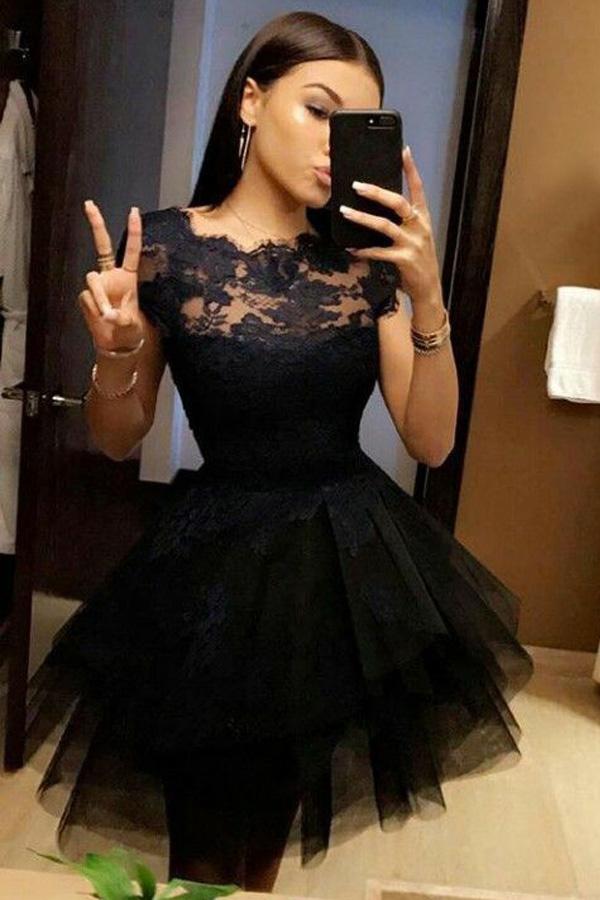 Black Lace Short Sleeve Homecoming Dress, Short Prom Dress With Appliques,  MH132