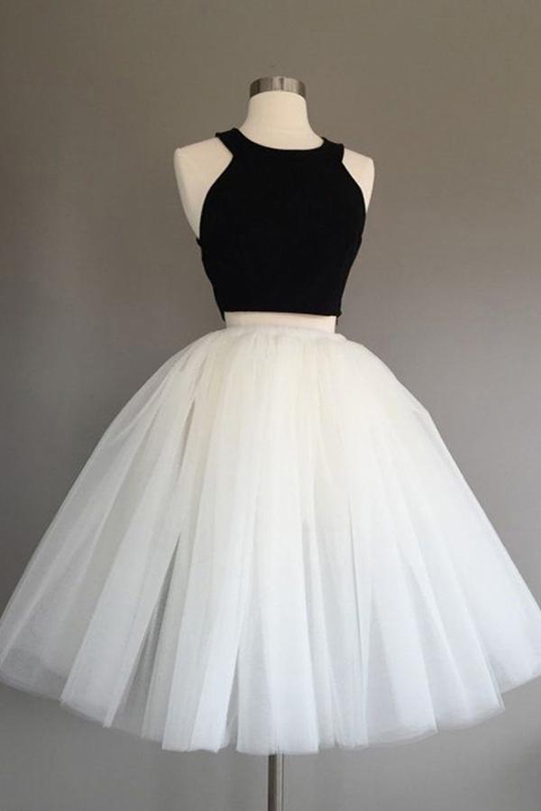 Ivory Two Piece Tulle Halter Knee-Length Sleeveless Short Homecoming Dress, MH234 Musebridals Ivory Two Piece Tulle Halter Knee-Length Sleeveless Short Homecoming Dress, MH234 Musebridals