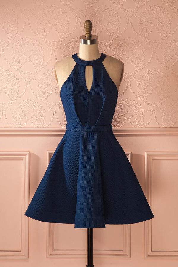 Dark Blue Halter A Line Open Back Sleeveless Homecoming Dresses, MH224 Dark Blue Halter A Line Open Back Sleeveless Homecoming Dresses, MH224