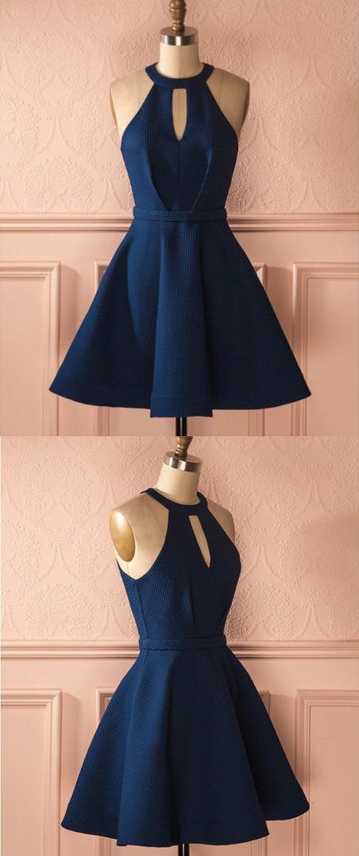 open lace back dress Halter Neck 2 Pieces High Low Backless Navy Blue Prom Dress, Navy Blue –  abcprom main image 1