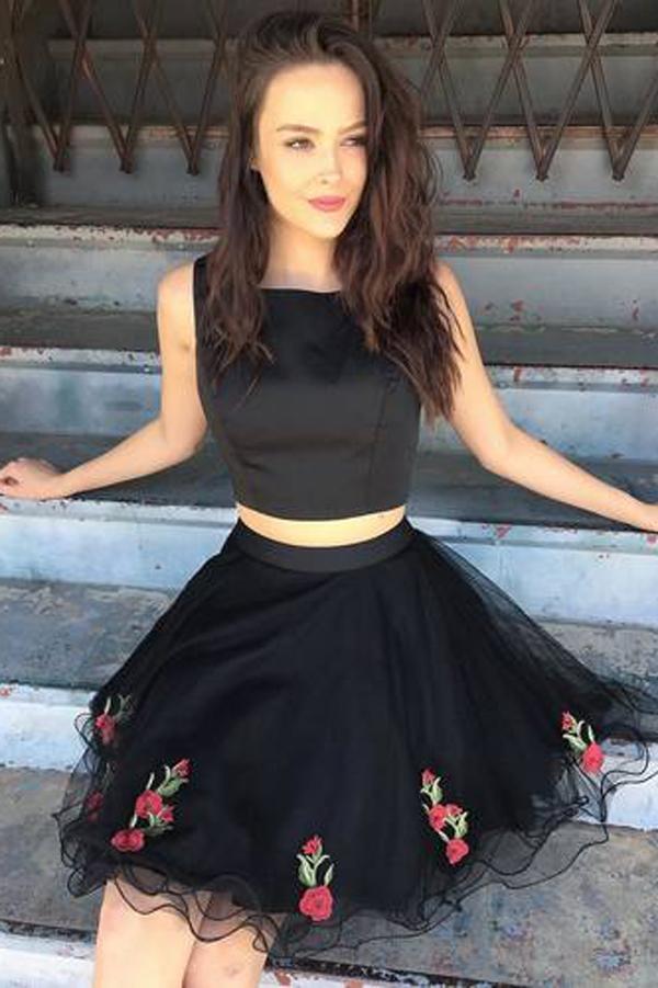 Two Piece Black Unique Short Prom Dress, Homecoming Dresses, Party Dresses, MH135
