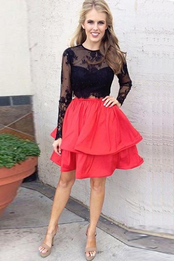 Red Two Piece Black Lace Skirt Long Sleeves Homecoming Dress, Short Prom Dress, MH129