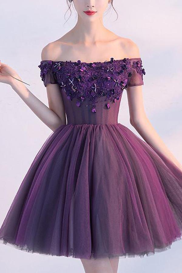 Tulle Simple Purple Off Shoulder Short Homecoming Dress With