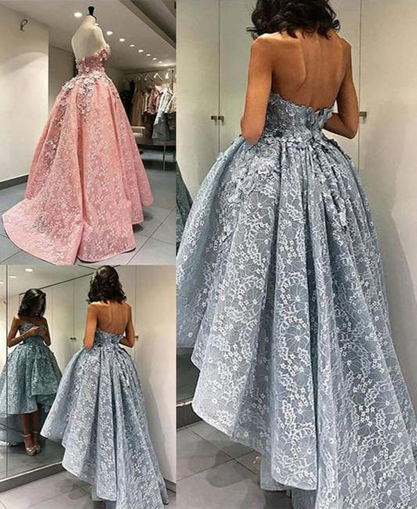 short ball gown dresses Blue Ball Gown Lace High Low Short Prom Dress, Homecoming Dress, Party Dress, MH113