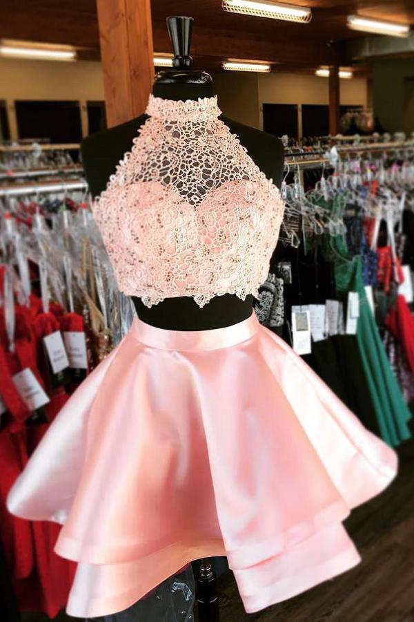 Blue Halter Two Pieces Princess Satin Mini Homecoming Dresses,Short Prom Dress, MH376 Blue Halter Two Pieces Princess Satin Mini Homecoming Dresses,Short Prom Dress, MH376