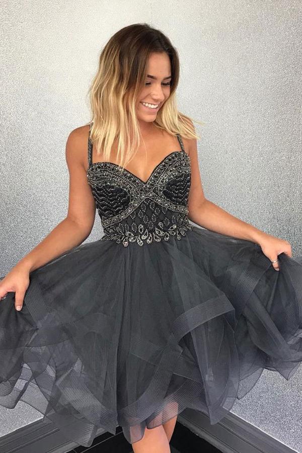 silver gray homecoming dresses A-Line Spaghetti Straps Grey Satin Homecoming Dress with Appliques US14 / As Picture