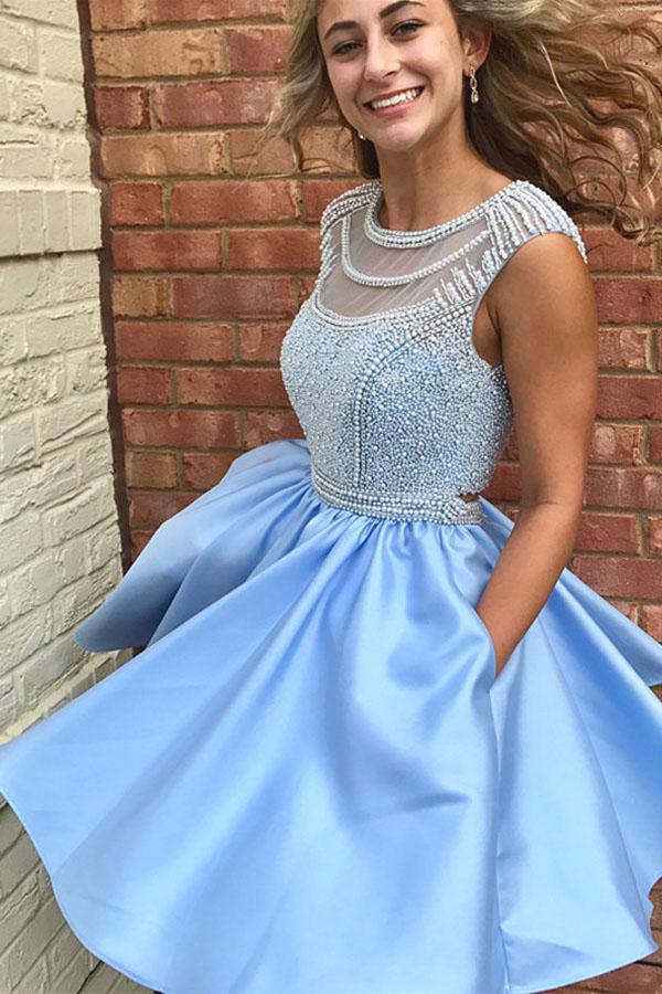 Beaded Satin High Neck Sleeveless Short Prom Dress Homecoming Dress, MH209 Beaded Satin High Neck Sleeveless Short Prom Dress Homecoming Dress, MH209