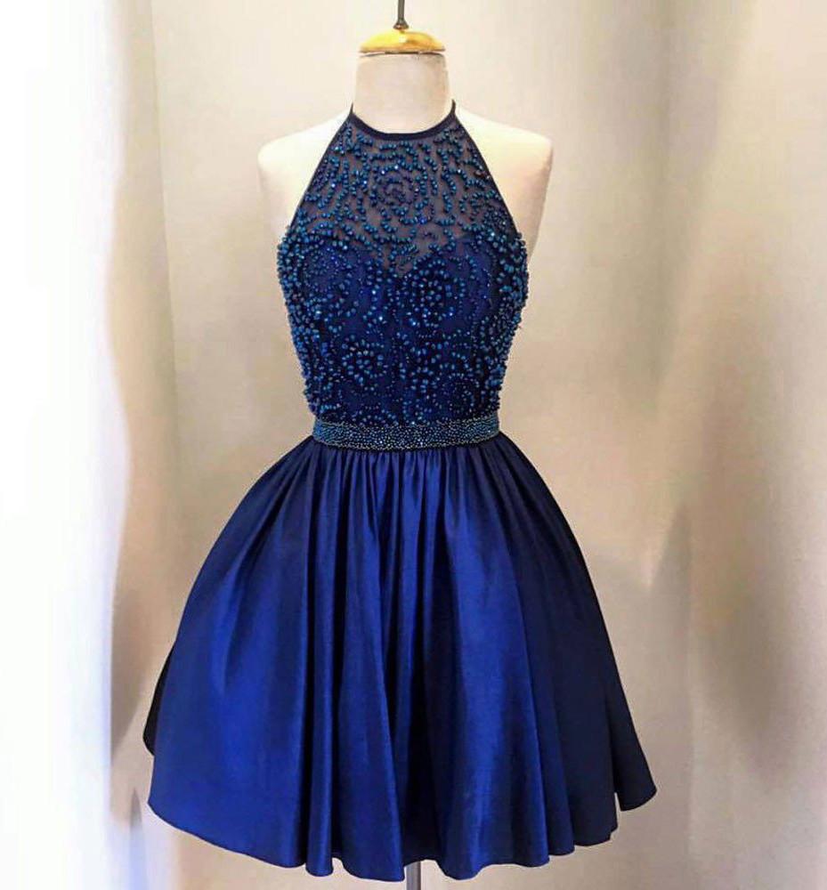 Royal Blue Taffeta High Neck Beaded Halter Homecoming Dresses, MH312 Royal Blue Taffeta High Neck Beaded Halter Homecoming Dresses, MH312