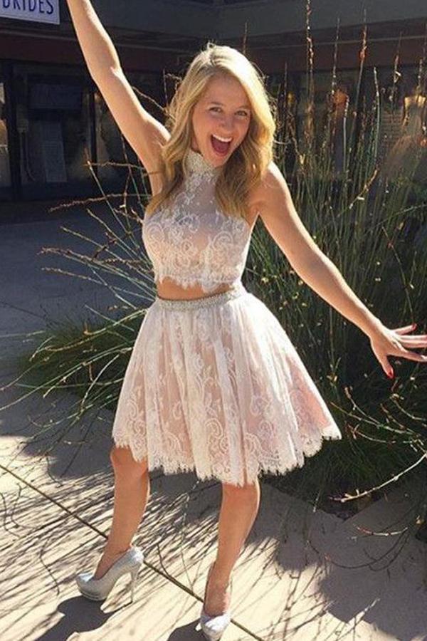 Pink Two Piece Halter A Line Beaded Backless Homecoming Dress online, MH365 Pink Two Piece Halter A Line Beaded Backless Homecoming Dress online, MH365