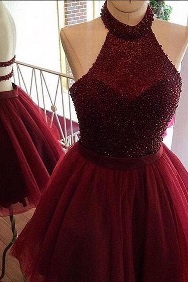 Burgundy A Line Halter Beaded Homecoming Dress, Short Prom dress, Party Dress, MH144 Burgundy A Line Halter Beaded Homecoming Dress, Short Prom dress, Party Dress, MH144