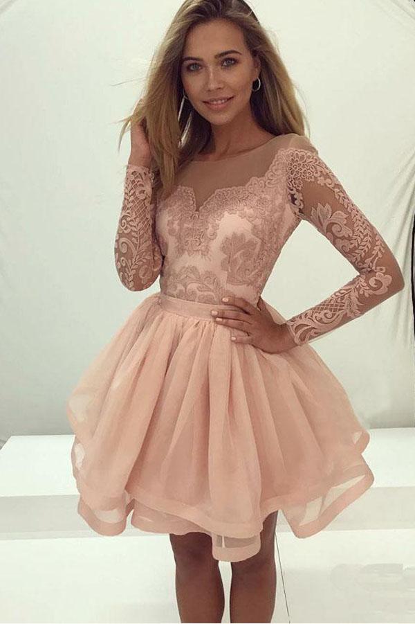 Cute Long Sleeve Lace Tulle Zipper Back Homecoming Dresses for Girls, MH364 Cute Long Sleeve Lace Tulle Zipper Back Homecoming Dresses for Girls, MH364
