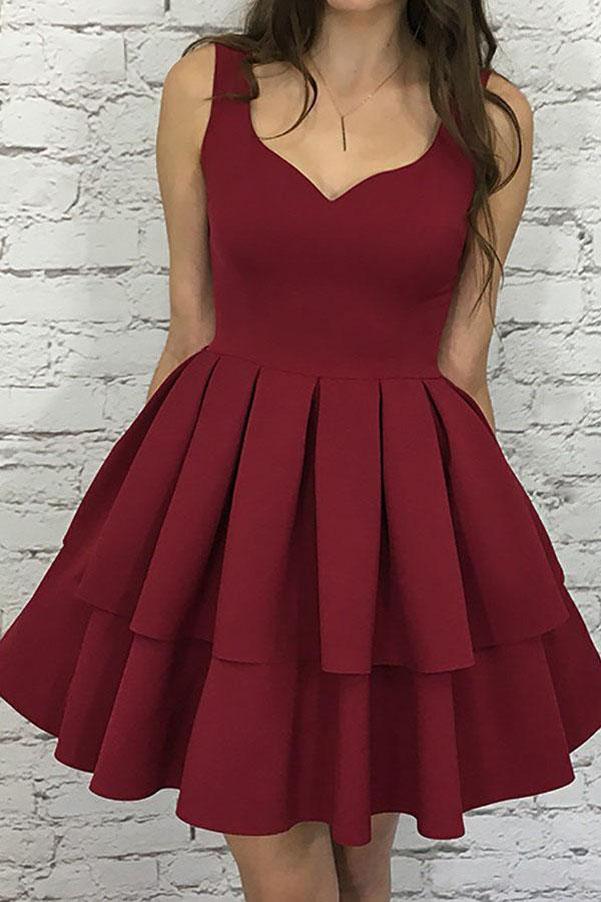 Burgundy Nice Scoop Neck Tiered Elastic Satin A-Line Homecoming Dresses,  MH263  Musebridals