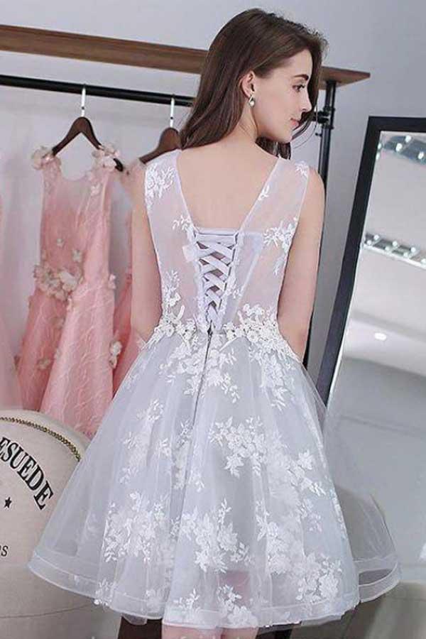 Mini Silver Lace Up Homecoming Dresses Short Prom Dress With Appliques,  MH341