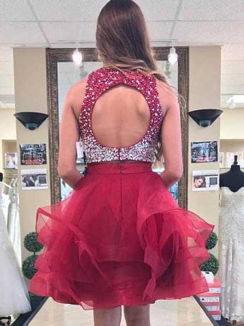 Burgundy Two Piece Organza A-line Beaded Top Homecoming Dresses, MH154 at musebridals.com