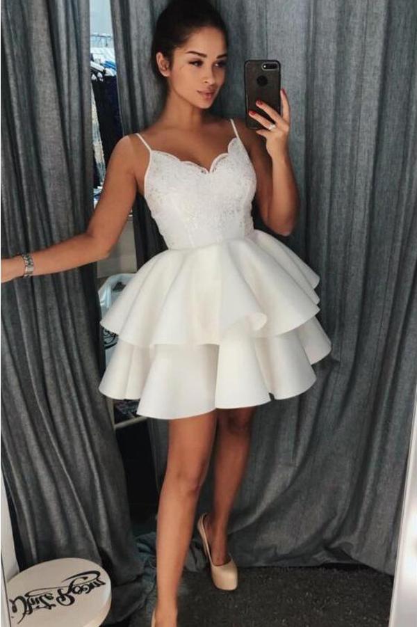 Ivory Lace Spaghetti Strap V Neck Short Homecoming Dresses Party Dress,  MH232