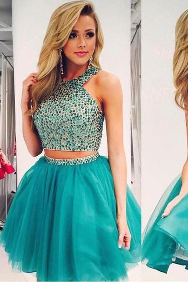 Green Beaded Two Pieces Tulle Bodice Boho Homecoming Dresses for Girls, MH400 Green Beaded Two Pieces Tulle Bodice Boho Homecoming Dresses for Girls, MH400