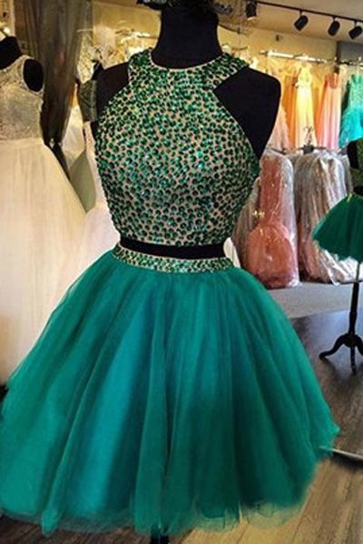 Green Beaded Two Pieces Tulle Bodice Boho Homecoming Dresses for Girls, MH400 Green Beaded Two Pieces Tulle Bodice Boho Homecoming Dresses for Girls, MH400