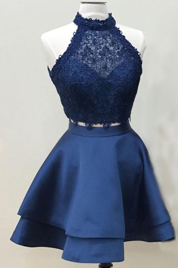 Two Piece Navy Blue Lace Crop Top Homecoming Dresses Short Prom Dress, MH260 Musebridals Two Piece Navy Blue Lace Crop Top Homecoming Dresses Short Prom Dress, MH260 Musebridals