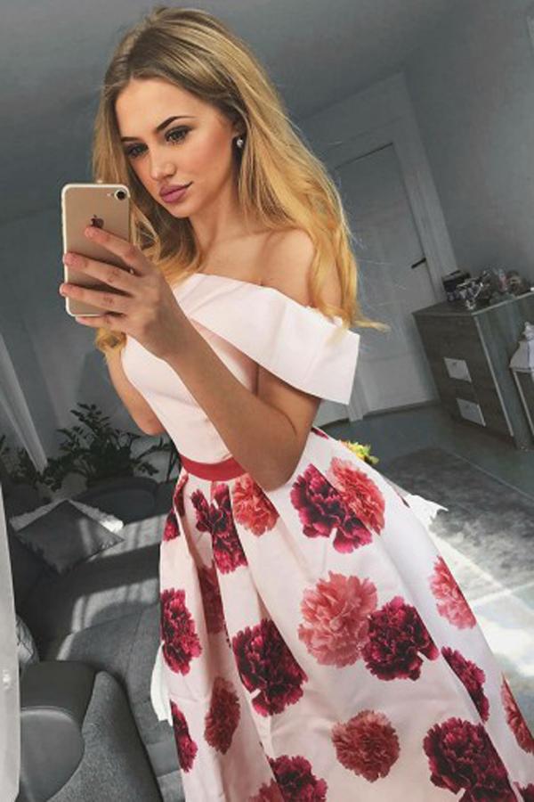 Pink Floral Satin A-Line Off Shoulder Homecoming Dresses Short Prom Dress, MH214 Musebridals Pink Floral Satin A-Line Off Shoulder Homecoming Dresses Short Prom Dress, MH214 Musebridals