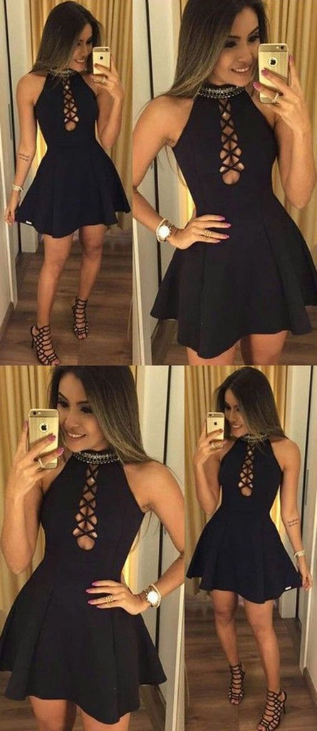 Black A-line Halter Homecoming Dress, Simple Party Dress, Short Prom Dress,  MH121 at musebridals.com