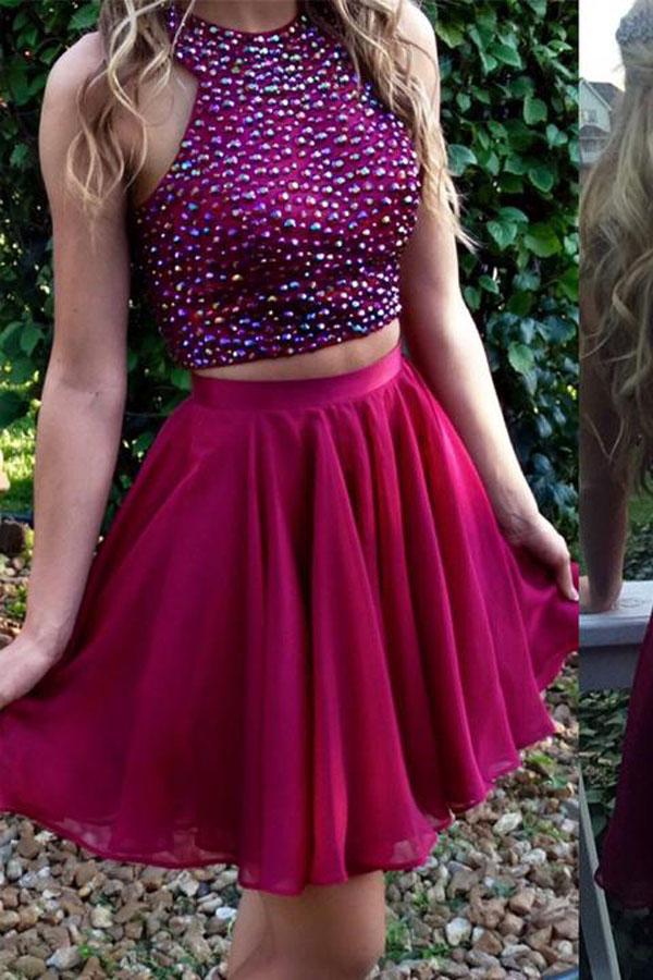 Two Pieces Beaded Halter Homecoming Dress Short Lovely Short Prom Dress, MH164