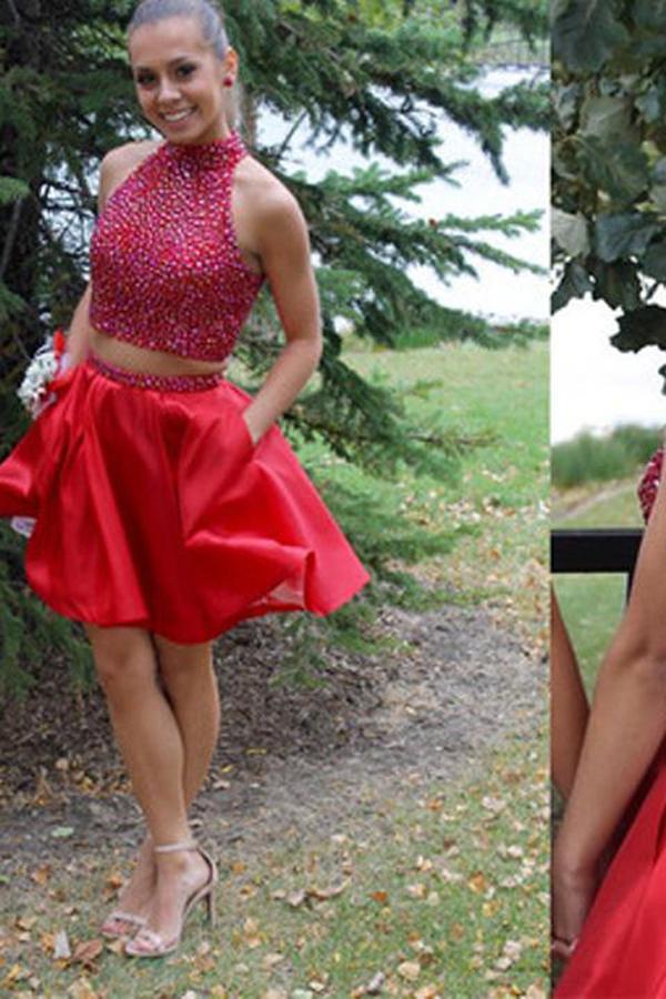 Popular Red Two Piece Blush Homecoming Dress Beaded Short Prom Dresses, MH165 Popular Red Two Piece Blush Homecoming Dress Beaded Short Prom Dresses, MH165