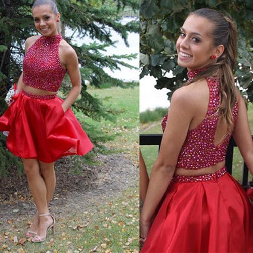 Popular Red Two Piece Blush Homecoming Dress Beaded Short Prom Dresses, MH165 at musebridals.com