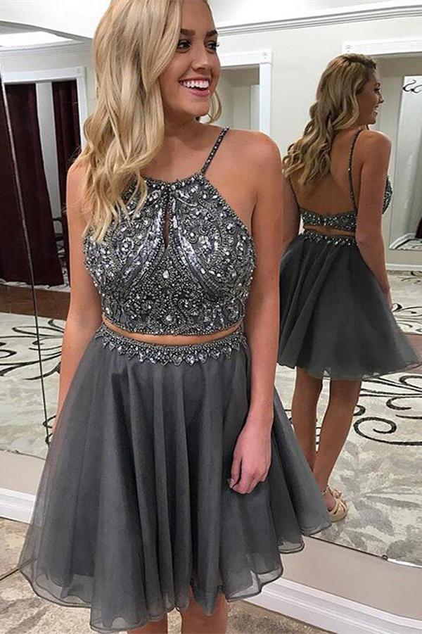 Dark Grey Halter Beaded Two Piece Homecoming Dresses Short Prom Dresses, MH369 Dark Grey Halter Beaded Two Piece Homecoming Dresses Short Prom Dresses, MH369