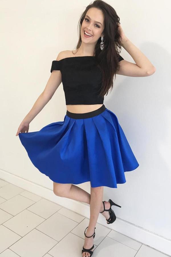 Black Top Blue Skirt Two Piece Simple Cute Homecoming Dresses, MH368 Musebridals Black Top Blue Skirt Two Piece Simple Cute Homecoming Dresses, MH368 Musebridals