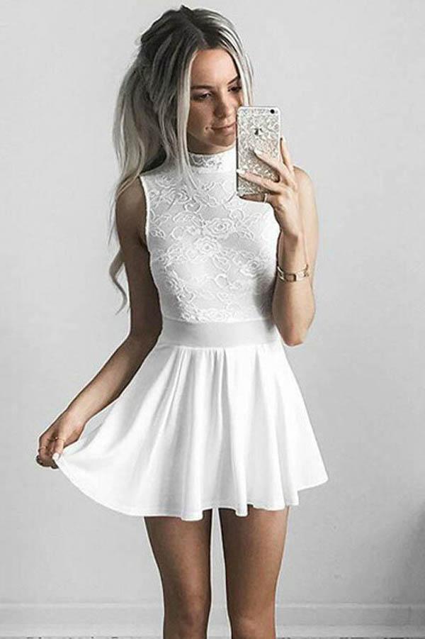 White Halter Chiffon A-Line Lace Homecoming Dresses Short Prom Dresses, MH424 White Halter Chiffon A-Line Lace Homecoming Dresses Short Prom Dresses, MH424