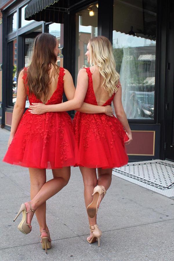 Red Tulle Lace V Neck Short Prom Dress Homecoming Dresses with Applique, MH301 Red Tulle Lace V Neck Short Prom Dress Homecoming Dresses with Applique, MH301