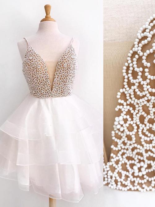 Ivory Organza Beaded V neck Spaghetti Strap Short Prom Dress Homecoming Dresses, MH230 Musebridals Ivory Organza Beaded V neck Spaghetti Strap Short Prom Dress Homecoming Dresses, MH230 Musebridals