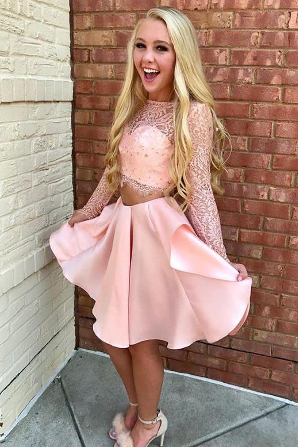 Two Piece Pink Lace Satin Long Sleeve Homecoming Dresses Short Prom Dress, MH272