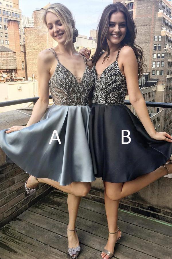 Silver A Line V Neck Spaghetti Straps Short Prom Dress Homecoming Dresses, MH420 Silver A Line V Neck Spaghetti Straps Short Prom Dress Homecoming Dresses, MH420
