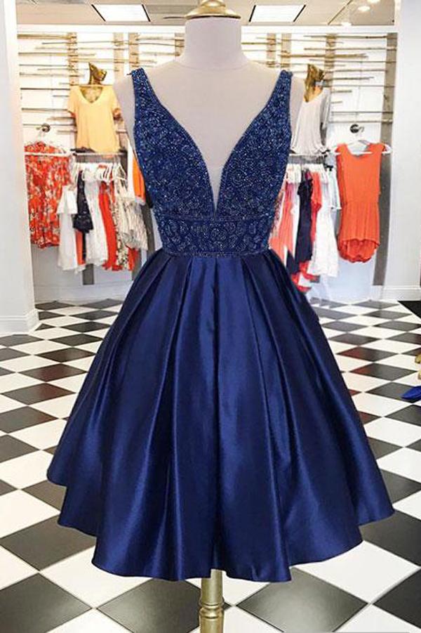 Cute Dark Blue Satin V neck Homecoming Dresses Chic Short Prom Dress, MH195